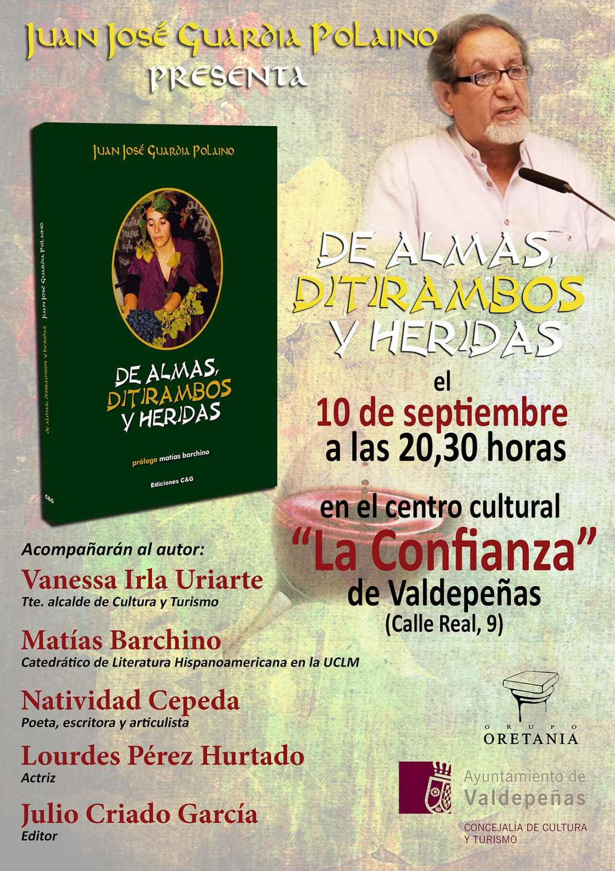 Cartel de la presentaciu00f3n del nuevo libro de Juan Josu00e9 Guardia Polaino en Valdepeu00f1as