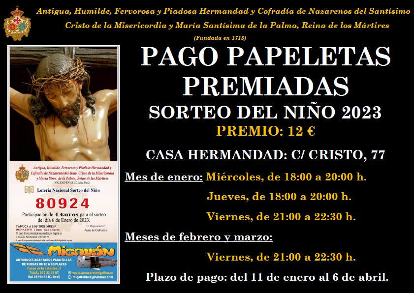 Cartel pago de papeletas premiadas Loteru00eda del Niu00f1o 2023