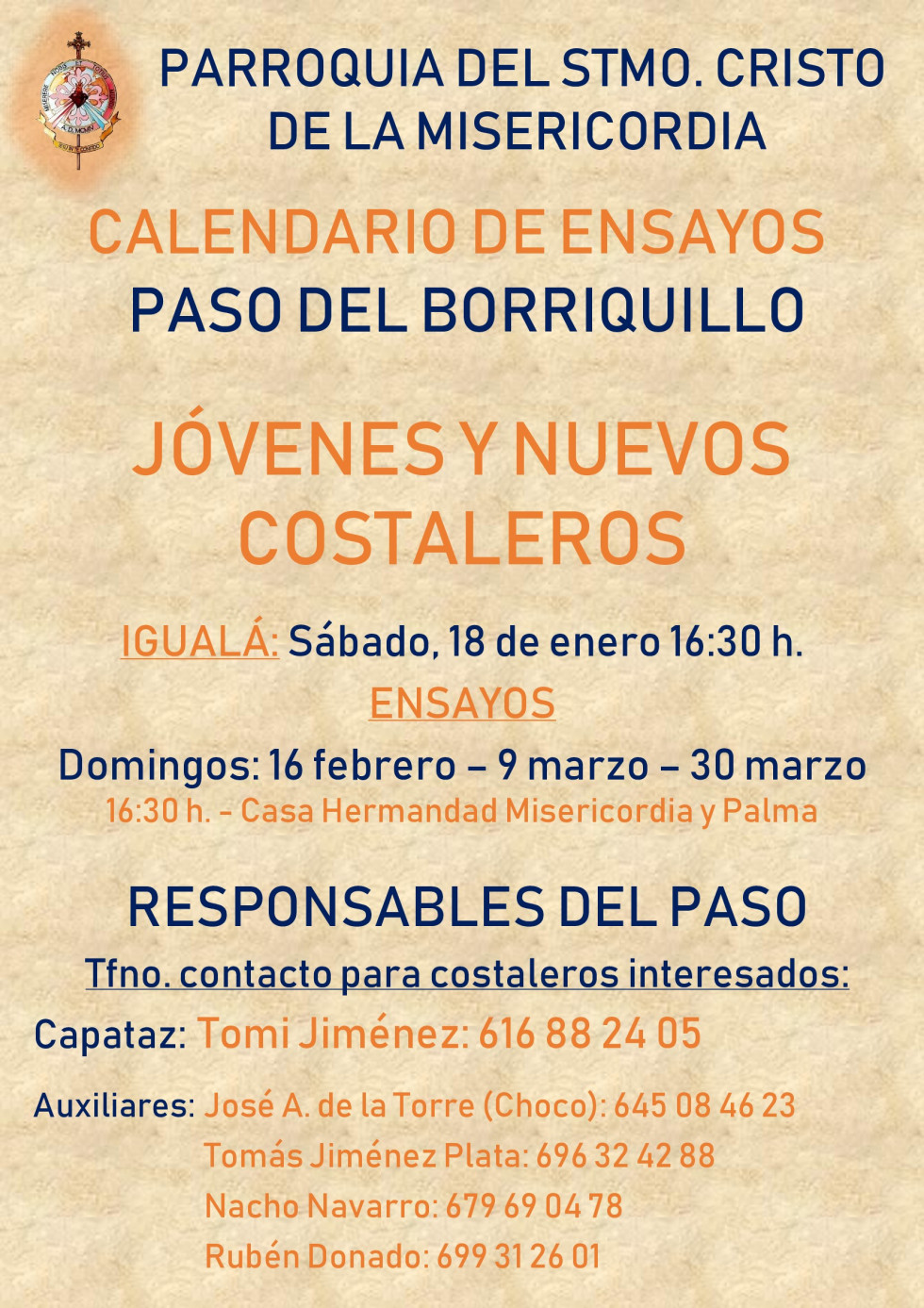 Cartel calendario ensayos costaleros Borriquillo 2025