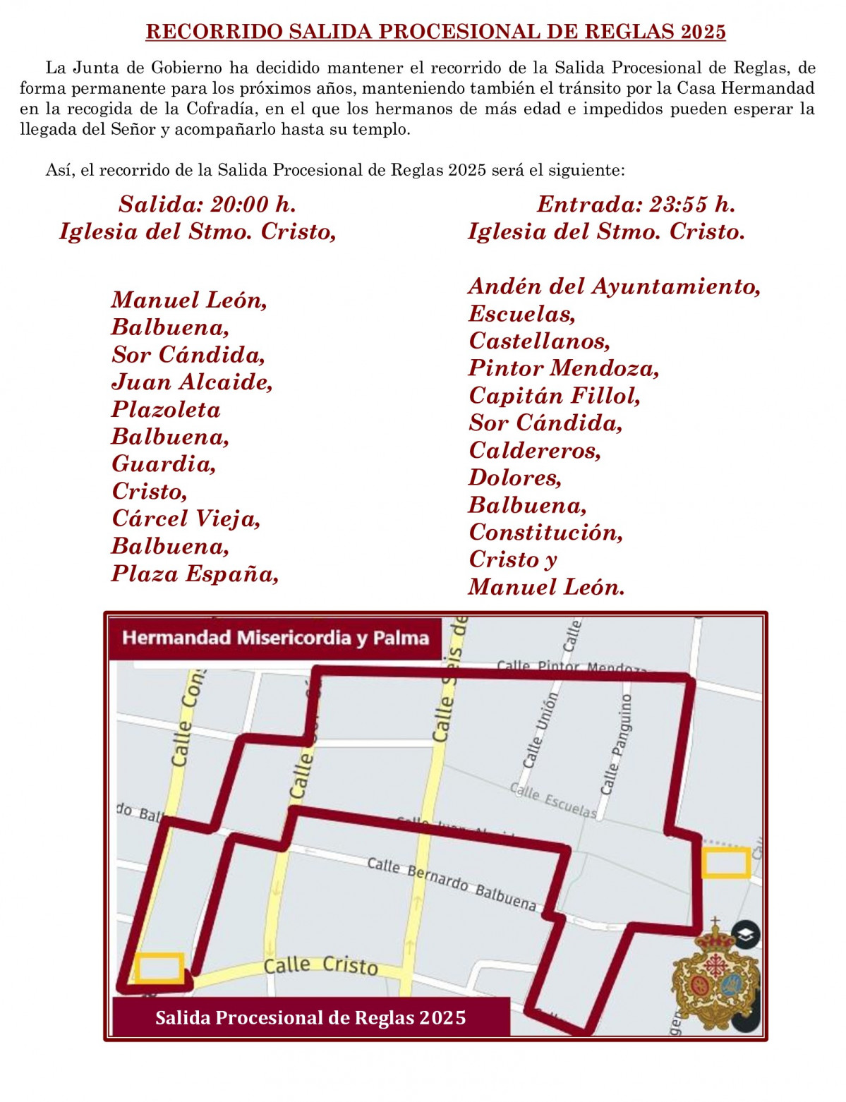 Horarios y recorrido Salida Procesional de Reglas 2025